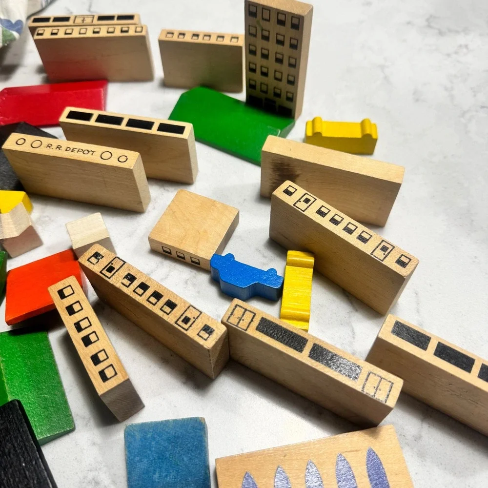 85 piece Vintage PLAYSKOOL VILLAGE Wood Building Blocks And Vehicles Montessori